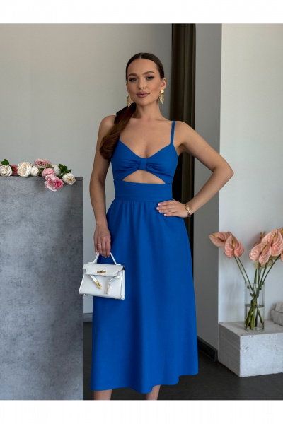 Платье сарафан из льна с отрезным поясом и глубоким V-вырезом Dilana VIP 2038 василек - фото 2