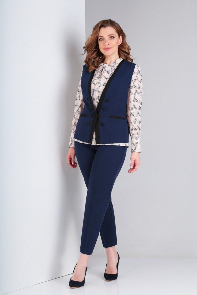 Блуза, брюки, жилет Ксения Стиль 1804 синий-мультиколор - фото 2