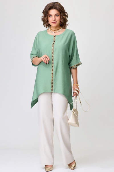 Брюки и туника свободного кроя из текстиля Fita 1602 бежевый + зеленый - фото 1
