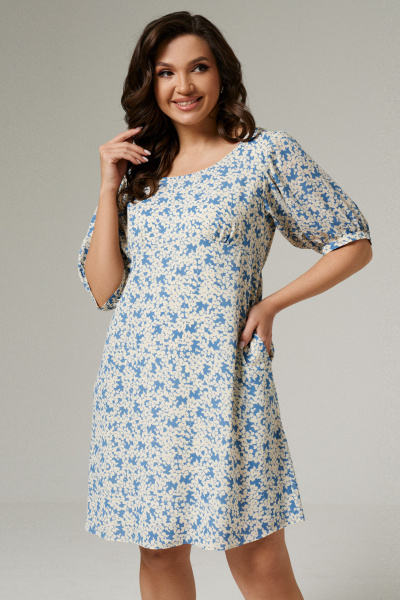 Платье с подрезом и сборкой, короткий рукав Панда 180080w голубой - фото 2