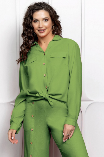 Льняной костюм-двойка с брюками на резинке и рубашкой на пуговицах Gold Style 2626 салатовый - фото 2