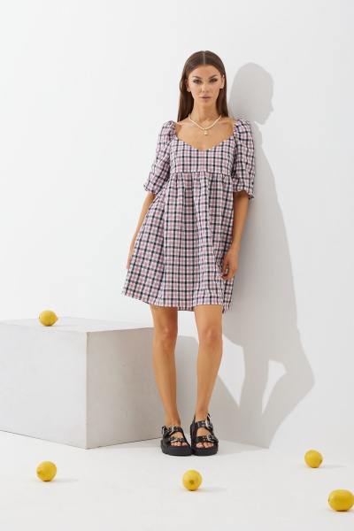Многоцветное платье в клетку с свободным верхом и сборкой N.O.W. 1434 - фото 1