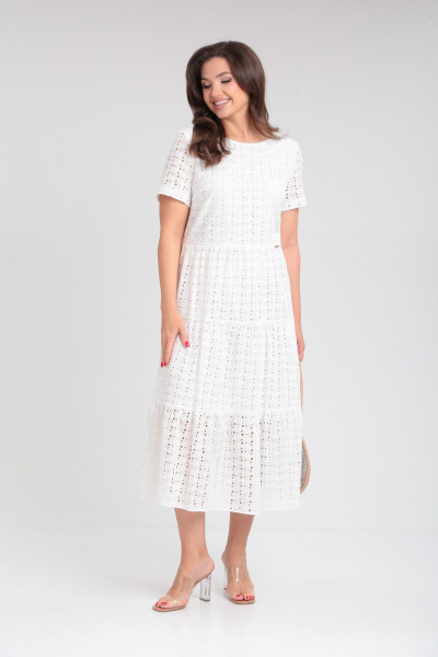 Белое летнее платье из хлопка с воланами и отрезным лифом Verita 2286 молочный - фото 1