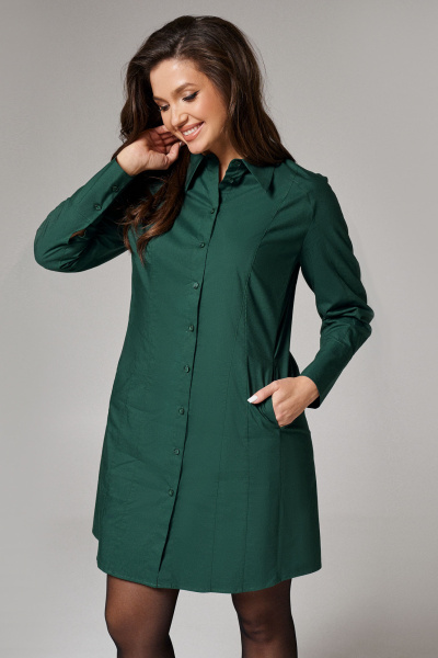 зеленое демисезонное платье с косым рукавом и разрезами Панда 157180w изумрудный - фото 2