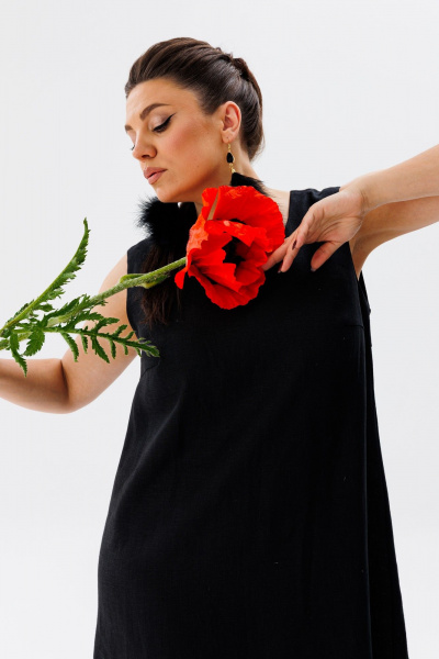 летний льняной сарафан трапеция с разрезами и вырезом Anelli 1472 черный_лебедь - фото 4