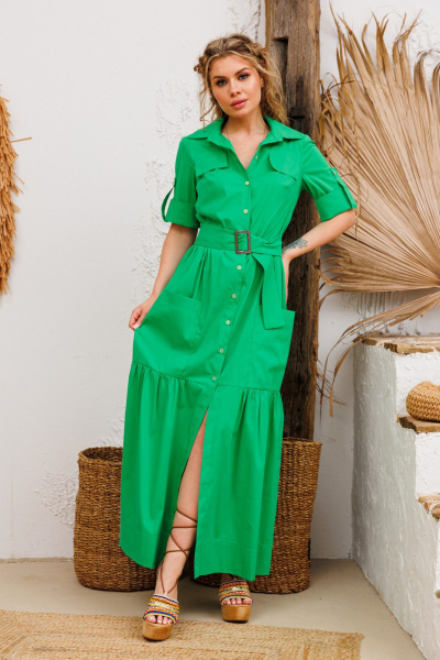 Яркое хлопковое платье с застёжкой и карманами AMORI 9805 яблоко - фото 3