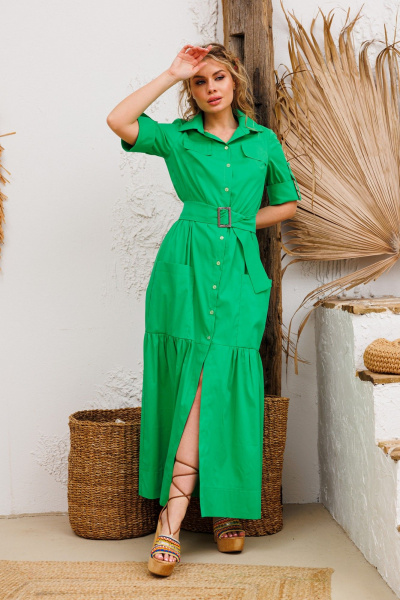 Яркое хлопковое платье с застёжкой и карманами AMORI 9805 яблоко - фото 1