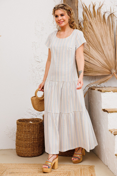 Голубой летний сарафан из льна с вышивкой и разрезом AMORI 9807 полоска_голубая - фото 3