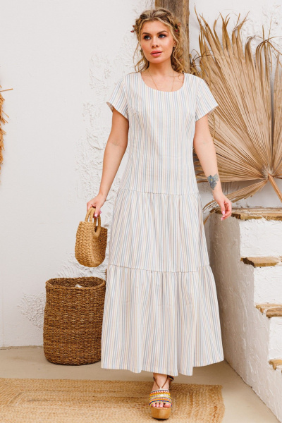 Голубой летний сарафан из льна с вышивкой и разрезом AMORI 9807 полоска_голубая - фото 2