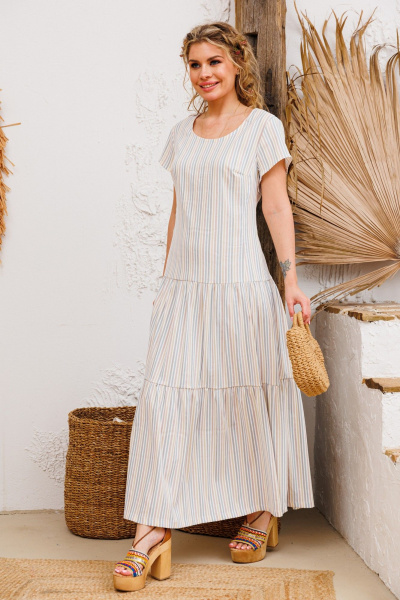 Голубой летний сарафан из льна с вышивкой и разрезом AMORI 9807 полоска_голубая - фото 1