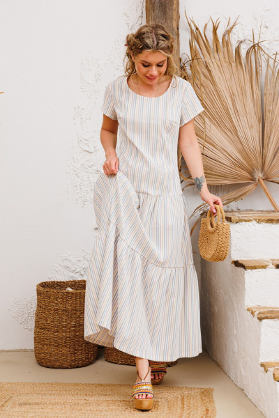 Голубой летний сарафан из льна с вышивкой и разрезом AMORI 9807 полоска_голубая - фото 4