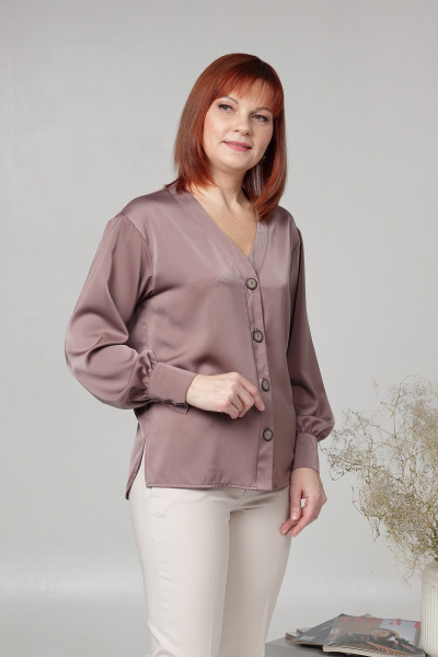 Блуза с спущенным плечом и широким рукавом из текстиля Соджи 610 кофейный - фото 5