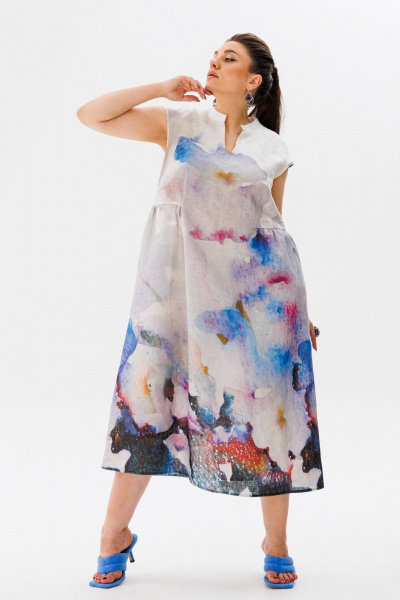 Летнее платье-блузка из льна с принтом и сборкой по талии Anelli 1424 моне - фото 1