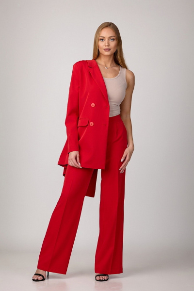Красный брючный комплект из костюмной ткани с двубортным оверсайз жакетом Rosheli 1096/4 - фото 3