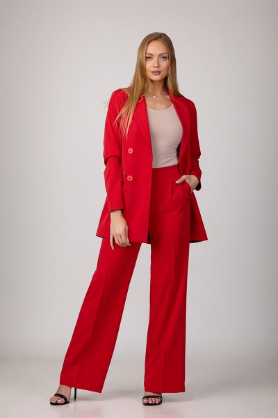Красный брючный комплект из костюмной ткани с двубортным оверсайз жакетом Rosheli 1096/4 - фото 1
