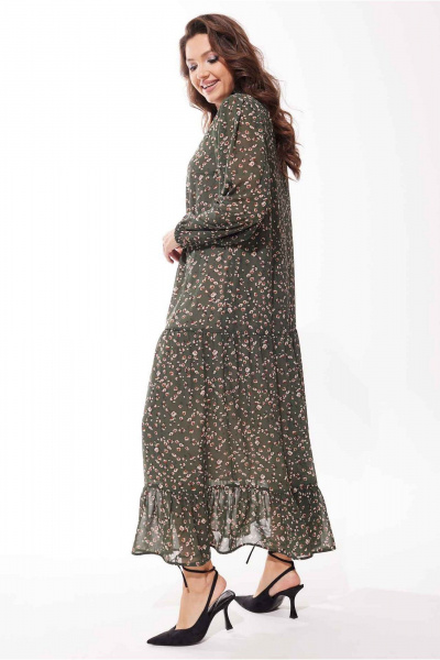 Мягкое платье из шифона с воланами и комплектом пояса Mislana С973 оливка - фото 4