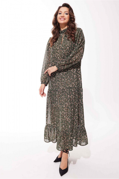 Мягкое платье из шифона с воланами и комплектом пояса Mislana С973 оливка - фото 2
