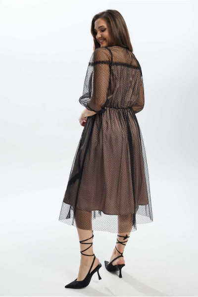 Черное расклешенное платье из двух видов ткани с кружевом и горошком Mislana С908 - фото 9