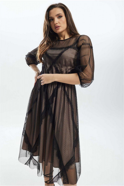 Черное расклешенное платье из двух видов ткани с кружевом и горошком Mislana С908 - фото 2
