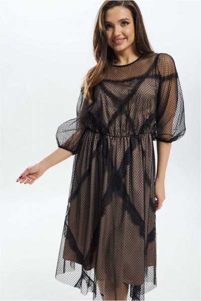 Черное расклешенное платье из двух видов ткани с кружевом и горошком Mislana С908 - фото 7