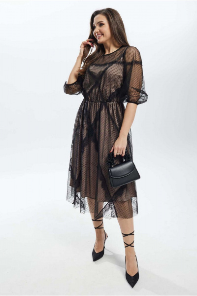 Черное расклешенное платье из двух видов ткани с кружевом и горошком Mislana С908 - фото 6