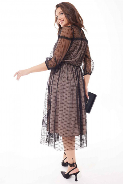 Черное расклешенное платье из двух видов ткани с кружевом и горошком Mislana С908 - фото 5