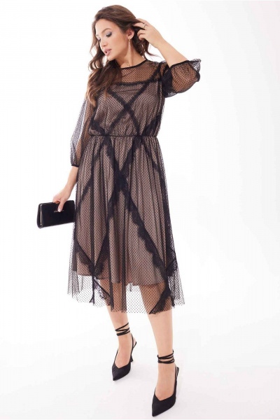 Черное расклешенное платье из двух видов ткани с кружевом и горошком Mislana С908 - фото 1