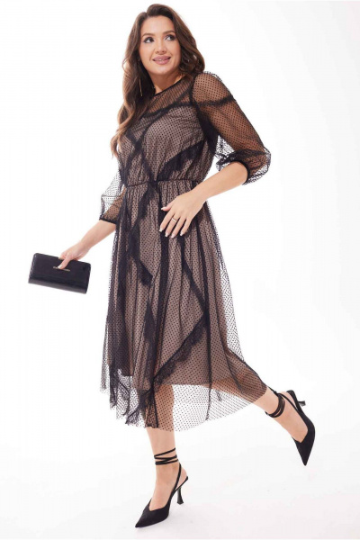 Черное расклешенное платье из двух видов ткани с кружевом и горошком Mislana С908 - фото 4