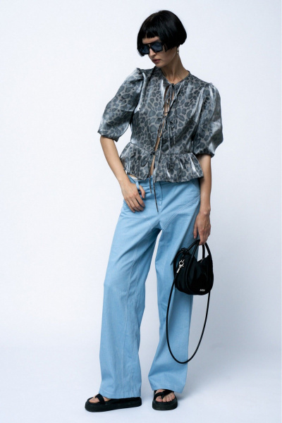 Блуза с баской рукав буфо летняя текстильная леопардовая MilMil 1121 леопардовый_серый - фото 6