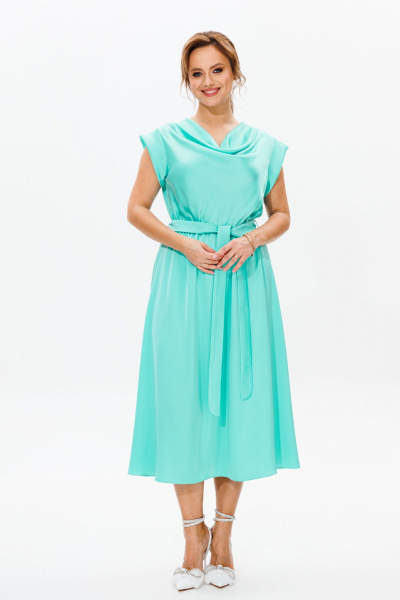 Платье нарядное из атласа с драпировкой и поясом Mubliz 184 голубой - фото 10