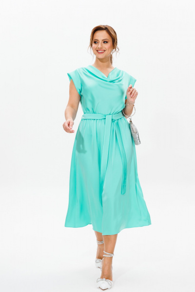 Платье нарядное из атласа с драпировкой и поясом Mubliz 184 голубой - фото 7