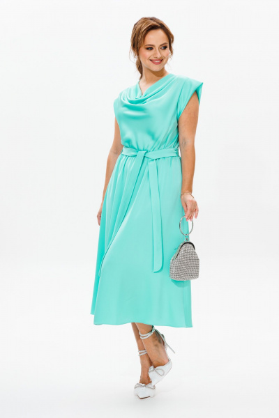 Платье нарядное из атласа с драпировкой и поясом Mubliz 184 голубой - фото 5