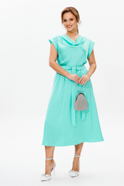 Платье нарядное из атласа с драпировкой и поясом Mubliz 184 голубой - фото 4
