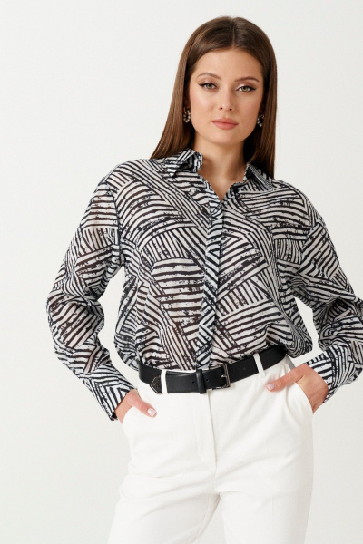 Блузка из хлопка свободного кроя с воротником-стойкой Ketty К-13240 черно-белый - фото 10