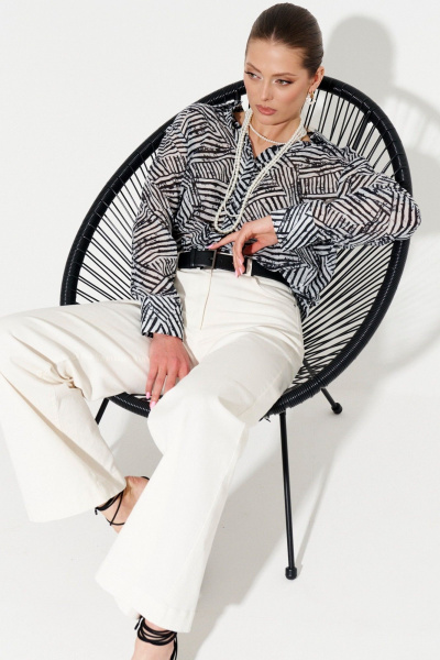 Блузка из хлопка свободного кроя с воротником-стойкой Ketty К-13240 черно-белый - фото 7