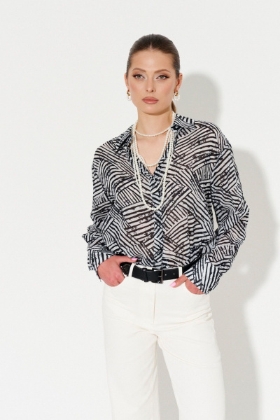 Блузка из хлопка свободного кроя с воротником-стойкой Ketty К-13240 черно-белый - фото 4