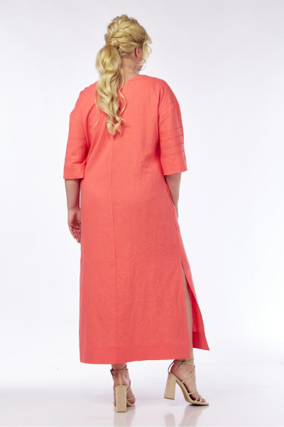 Длинное льняное платье с V-вырезом и разрезами AVA fashion М-065 коралловый - фото 10