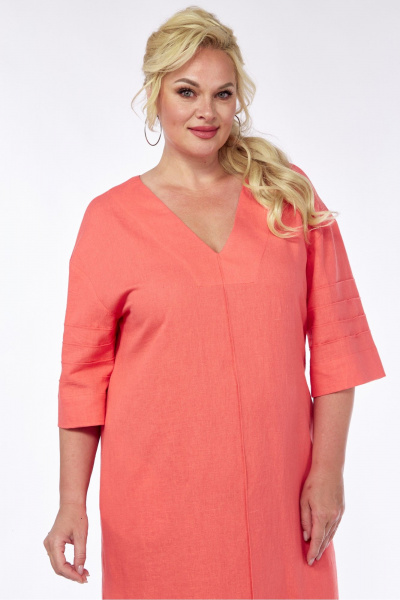 Длинное льняное платье с V-вырезом и разрезами AVA fashion М-065 коралловый - фото 3