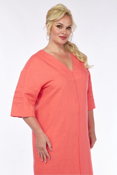 Длинное льняное платье с V-вырезом и разрезами AVA fashion М-065 коралловый - фото 7