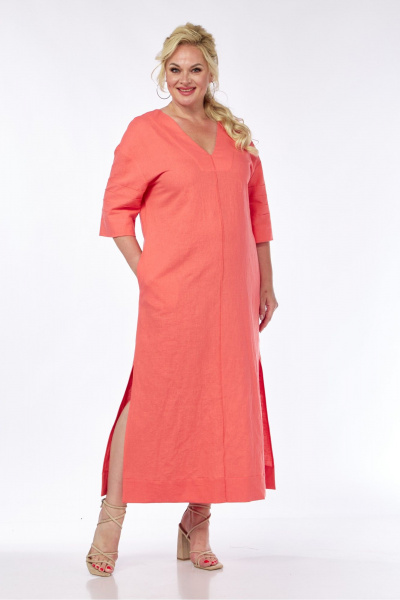Длинное льняное платье с V-вырезом и разрезами AVA fashion М-065 коралловый - фото 6