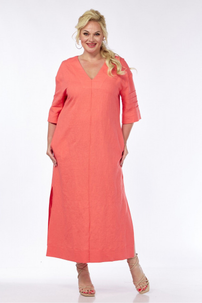 Длинное льняное платье с V-вырезом и разрезами AVA fashion М-065 коралловый - фото 1
