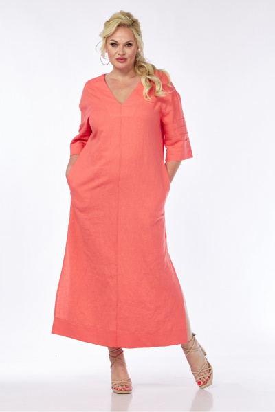 Длинное льняное платье с V-вырезом и разрезами AVA fashion М-065 коралловый - фото 2