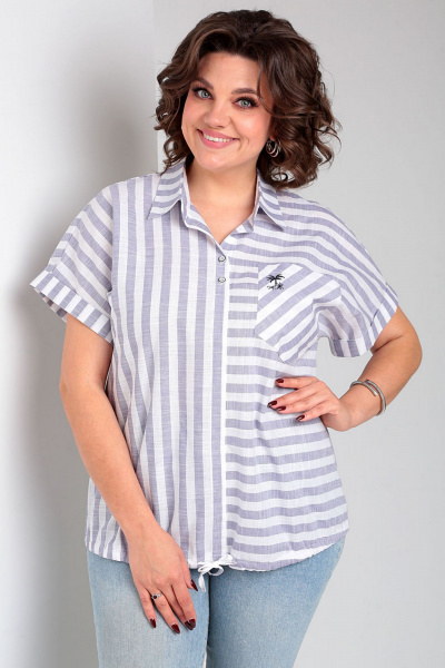 Блузка из хлопка в полоску с шнуром и воротником-стойкой Таир-Гранд 62434 джинс - фото 1
