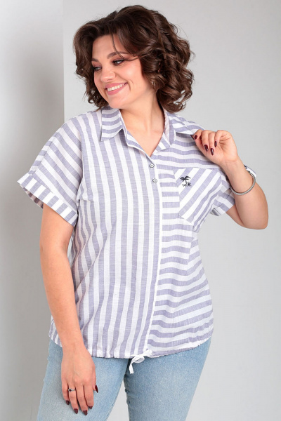 Блузка из хлопка в полоску с шнуром и воротником-стойкой Таир-Гранд 62434 джинс - фото 5