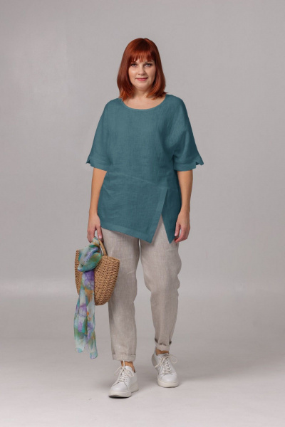 Туника женская из льна со спущенным плечом для летнего образа Соджи 585 бирюзовый - фото 1