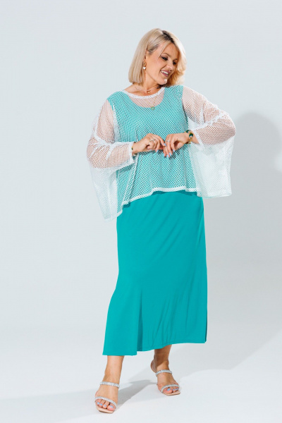 Летний женский комплект туника и платье из легкого трикотажа Anastasia 1119 молоко/морская_волна - фото 12