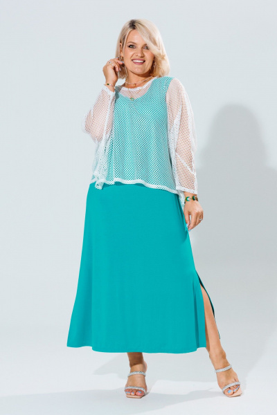 Летний женский комплект туника и платье из легкого трикотажа Anastasia 1119 молоко/морская_волна - фото 2