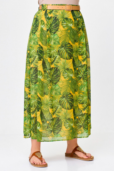 Миди шифоновая юбка с складками и поясом Swallow 753 зелёные_листья_на_жёлтом - фото 7