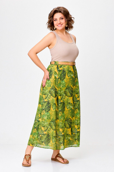 Миди шифоновая юбка с складками и поясом Swallow 753 зелёные_листья_на_жёлтом - фото 4