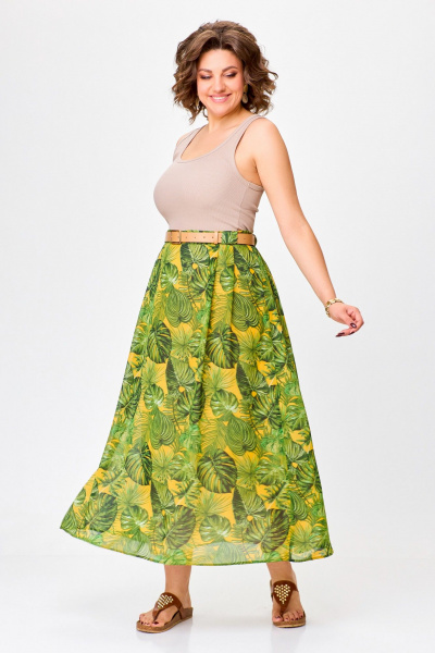 Миди шифоновая юбка с складками и поясом Swallow 753 зелёные_листья_на_жёлтом - фото 3